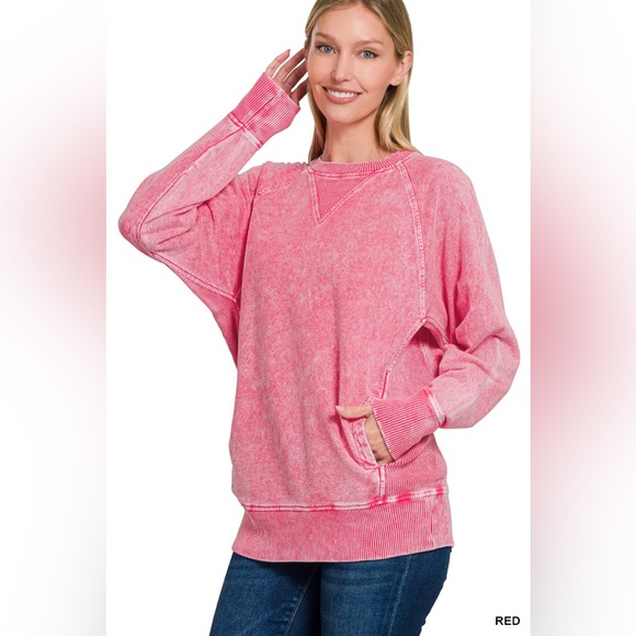 Zenana French Terry Acid Wash Boat Neck Sweatshirt
